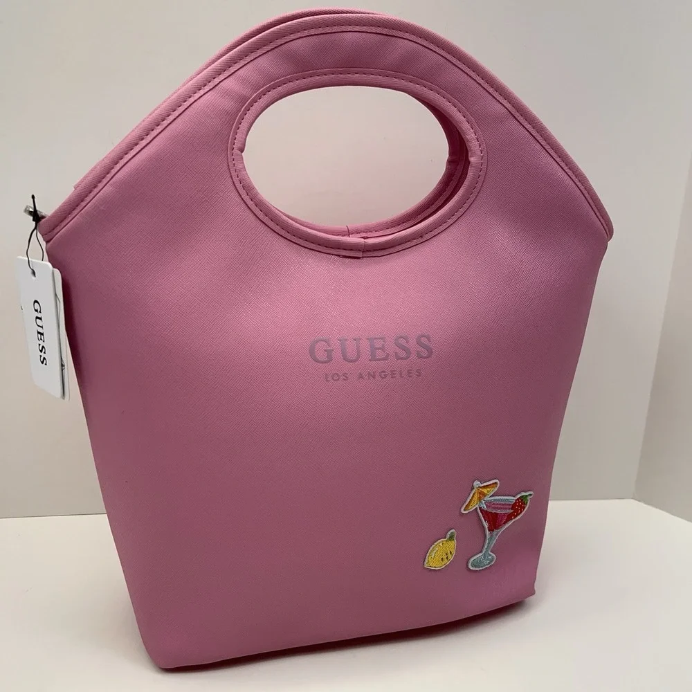 GUESS Insulated Lunch Tote Bag Top Handle Pink PVC Cooler School Travel Office